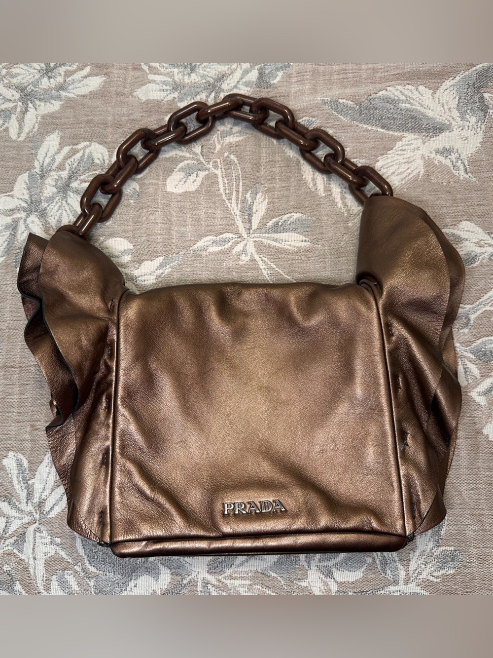 Prada Metallic Bronze Leather Shoulder Bag with Chain Strap